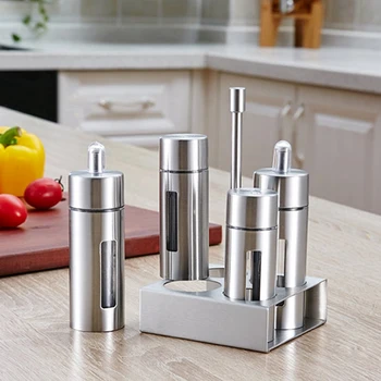 

5Pcs/Set Stainless Steel Spice Rack Cruet Condiment Spice Jars Set Salt And Pepper Seasoning Cooking Kitchen Tool