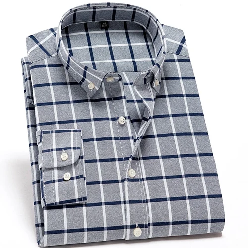 High Quality Men's Plaid/Stripe/Solid Oxford Casual Shirt Soft Spring Autumn Thick Stylish Button-Down Classic Dress Shirt - Цвет: 801