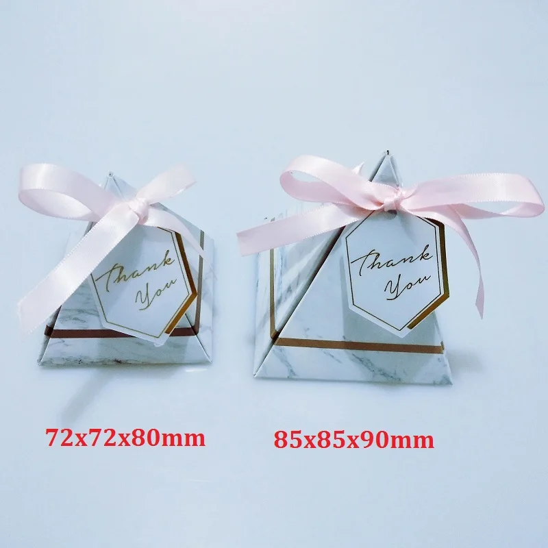 New Europe Triangular Pyramid Style Candy Box Wedding Favors Party Supplies Paper Gift Boxes with THANKS Card& Ribbon