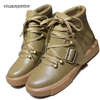 

Natural Wool Buckled Chunky Snow Motorcycle Ankle Boots Winter Women Flat Heel Genuine Leather Lace-up Designer Warm Plush Shoes