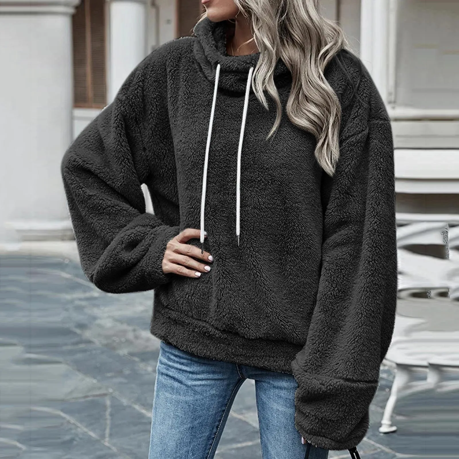 2021 Winter Women Solid Hoodies Plus Size Plush Warm Drawstring Pullover Top Casual Female Long Sleeve Sweatshirts Sudaderas 1
