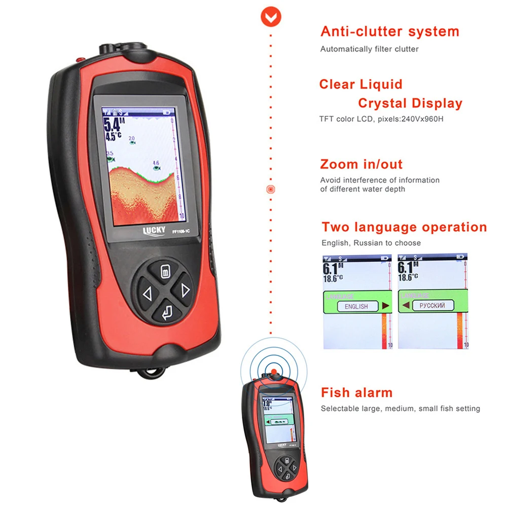 LUCKY FF1108-1CT Portable Fish Finder 100M Depth Fish Alarm Wired