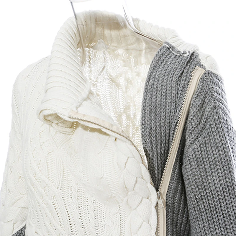 New Fashion Autumn Winter Contrast Color Lapel Long Sleeve Ribbon Zipper Irregular Loose Sweater Woman N746