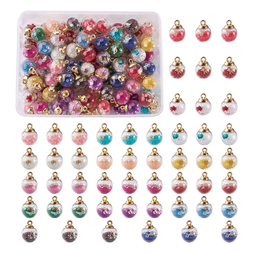 

102Pcs/Box Transparent Glass Globe Pendant Charms With Resin Rhinestone Beads Conch Shell Filler Inside For Jewelry Making