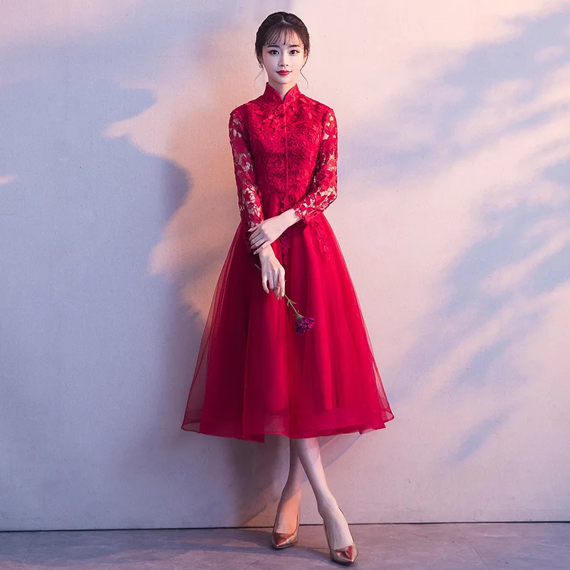 Женское сексуальное кружевное вечернее платье, элегантное кружевное платье с высоким воротом, а-силуэт, короткий рукав, Повседневные Вечерние платья миди, robe de soiree ES1161 - Цвет: Red