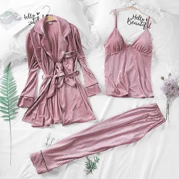 

Sexy Women's Robe & Gown Set Gold VelVet Clothes Bathrobe + Nightdress 3 Pieces Sleepwear Female Sleep Set Home Clothes Suit
