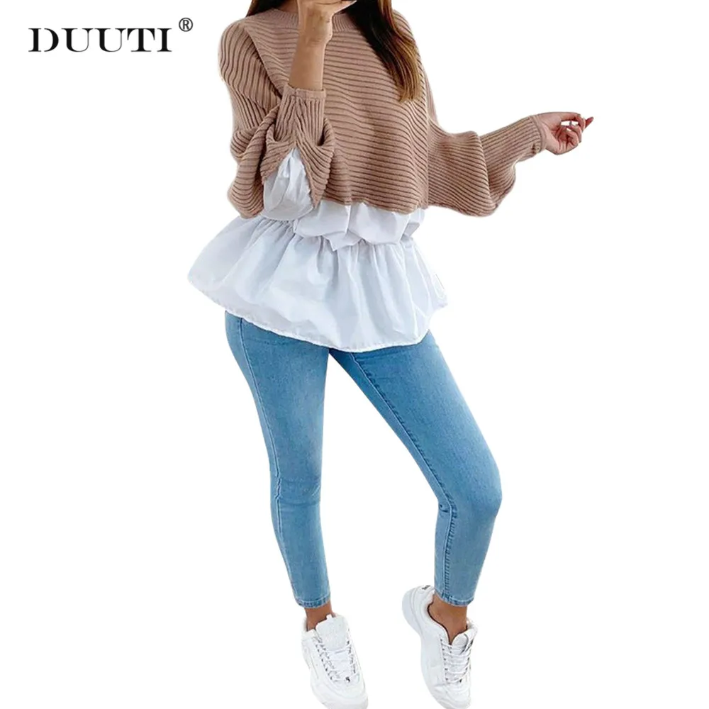 

Women Hit Color Splicing Design Tops New Autumn Camel Irregular Shirts Round Neck Tops Long Cut Out Sleeves Long Causal Tops D30