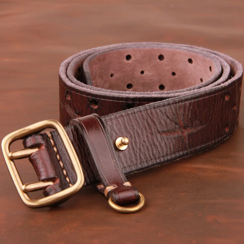Double-pin Copper Buckle Men's Luxury Fashion Belt Retro First Layer Pure Cowhide Jeans with Genuine Leather Stylish Men's Belts 3 8cm genuine leather belt made from top grain cowhide pure titanium slide buckle business casual fashionable belts 105 130cm