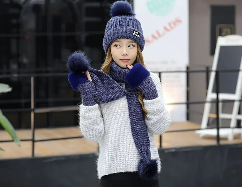 

women winter knitted hat scarf gloves set solid color beanie scarf set pom poms hat outdoor hat