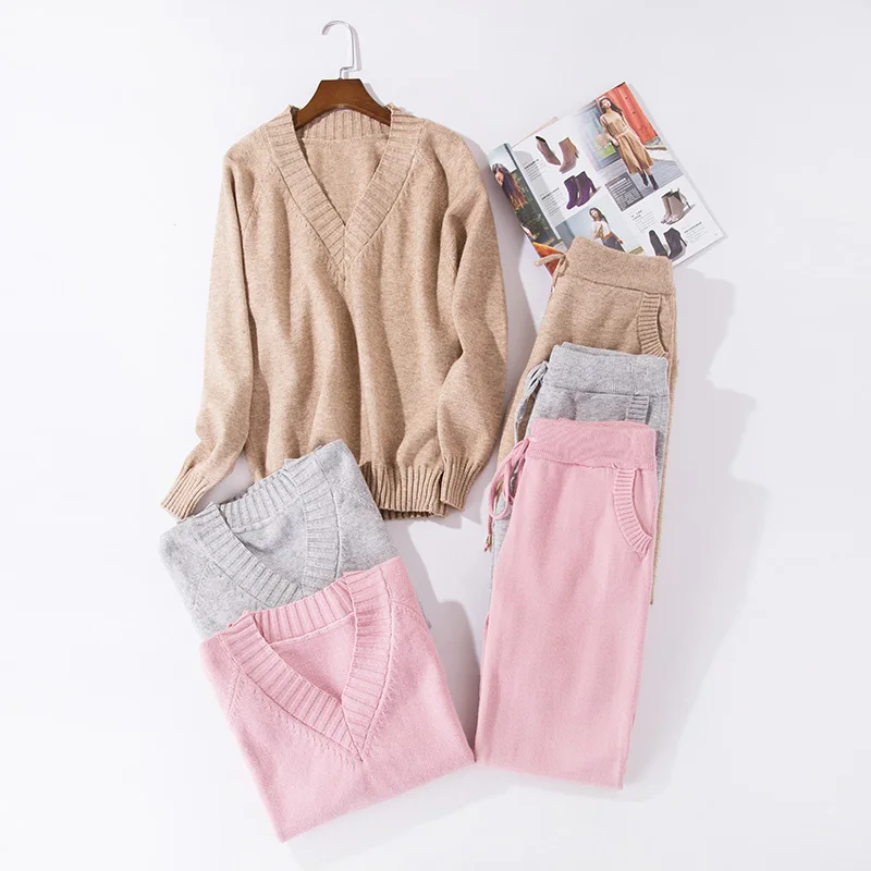 Women track suits sets Autumn Winter V-neck pullovers + long pants sets Soft warm knitted sweater track suits
