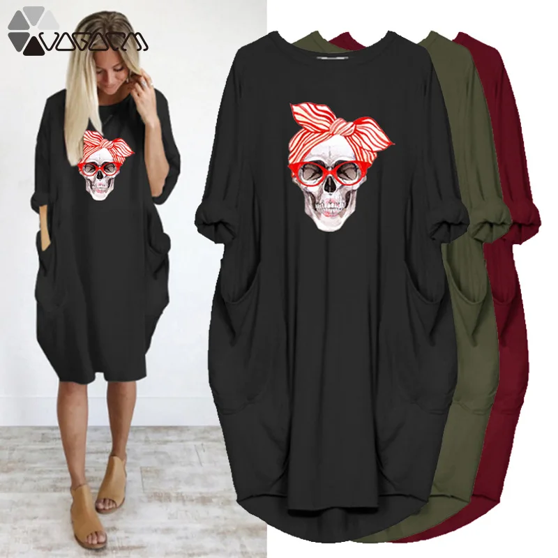 

Plus Size Women Dress Jocular Skull Print Long Sleeve Loose O Neck Pocket Casual Streetwear Vestidos Woman Dresses Robes Femme