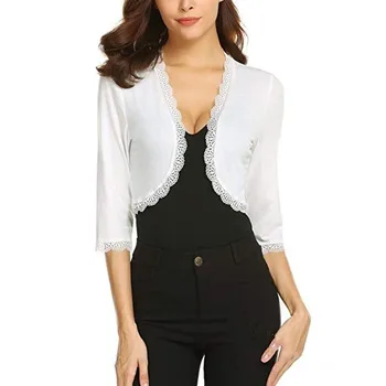 

Women Cropped Shrug Cardigan Wrap Coats Lace Ruffled Short Amice Shawl Lady 3/4 Sleeves Open Front Tops Bolero Capelet Plus Size
