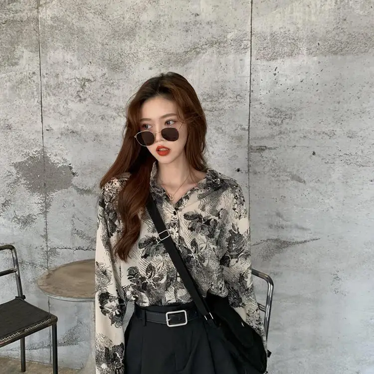 Blouses Women Vintage Chic BF High Street Harajuku Print Teens Shirts All-match Popular Casual Long Sleeve Ladies Chiffon Blouse