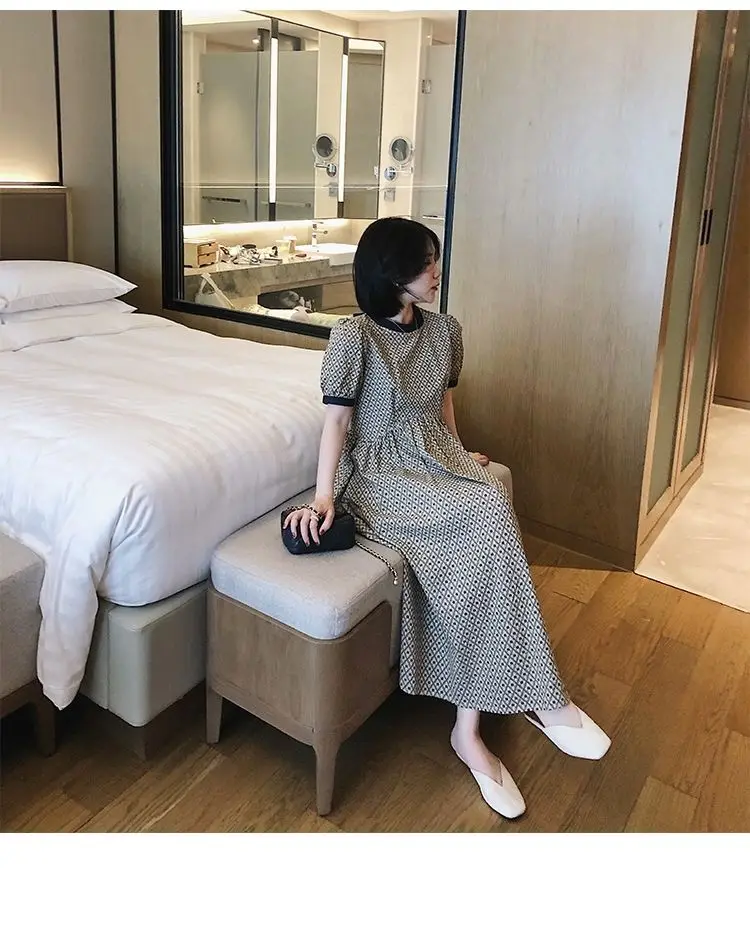 Women Short Sleeve Dress Empire Summer Simple A-line Elegant Design Daily Leisure Mid-calf Retro Lantern Sleeves Ulzzang Female semi formal dresses