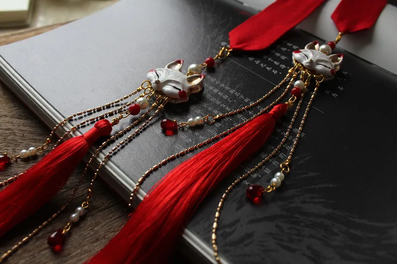 Feng Jiu двухсторонняя красная лиса Hanfu повязка для волос с кисточками древний стиль тиара аксессуары для волос Hanfu украшения
