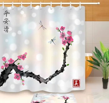

Shower Curtain, Bathroom Curtains-Japanese Style,Sun,Cherry blossoms,Tree,Hills,Artistic,Water Color,Hand Draw,Art,White Cloth