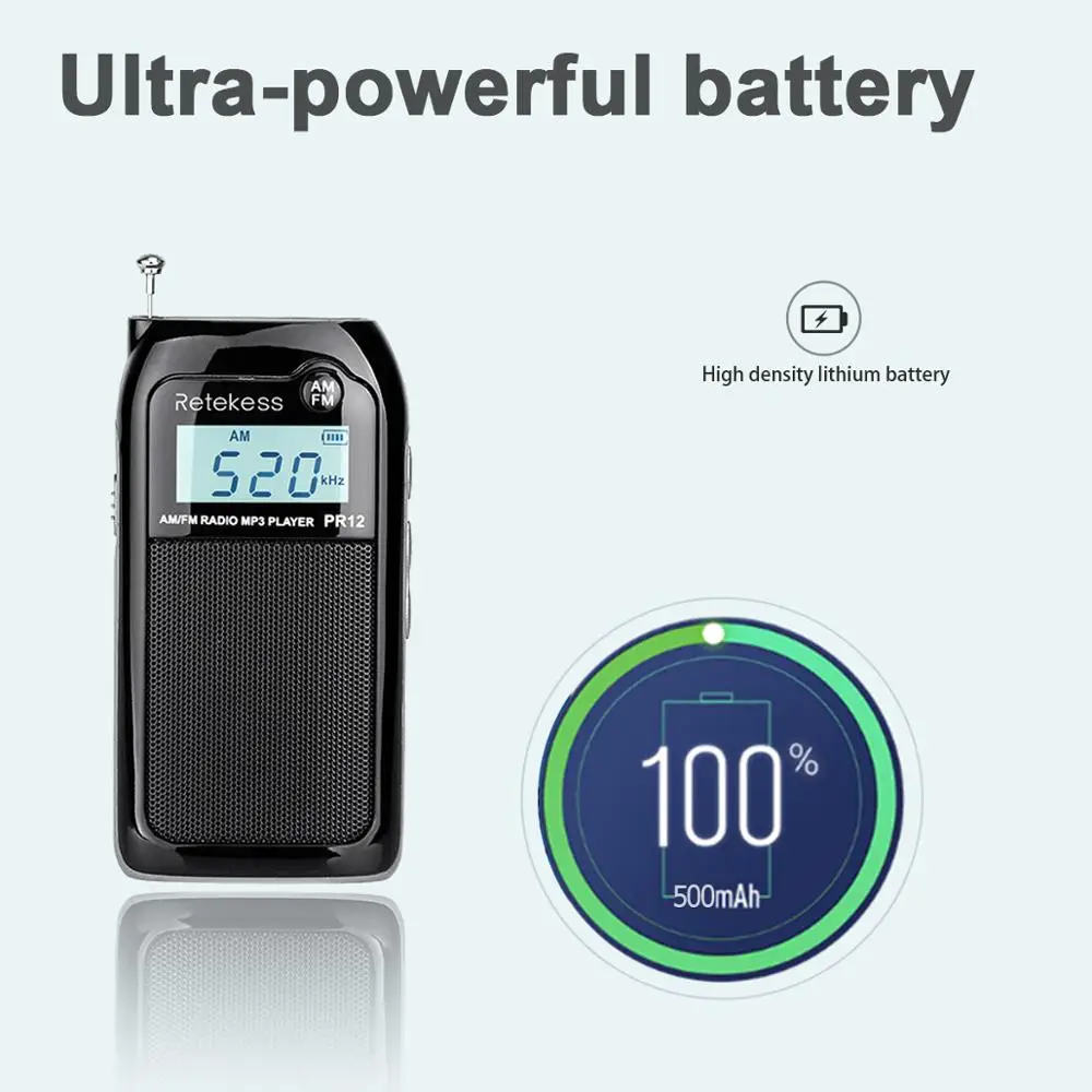 RETEKESS PR12 радио FM AM Мини карманный USB приемник Mp3 портативный Цифровой стерео