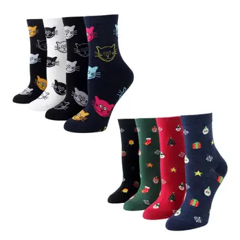 

4 Pairs Unisex Holiday Gift Crew Socks Set Cartoon Meow Cat Christmas Hosiery 40JF