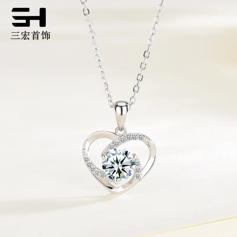 

San hong S925 Fine Silver Japanese And Korean Style Simple Micro Pave Hollow out Heart Pendant for a Girlfriend Birthday Student