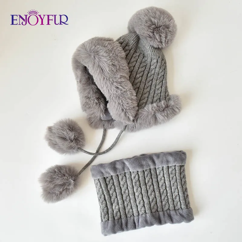 ENJOYFUR, женская шапка-бомбер, шарф, набор для зимы, теплые шапки из искусственного кроличьего меха с толстой подкладкой, шапки-шапочки для девочек - Цвет: 06