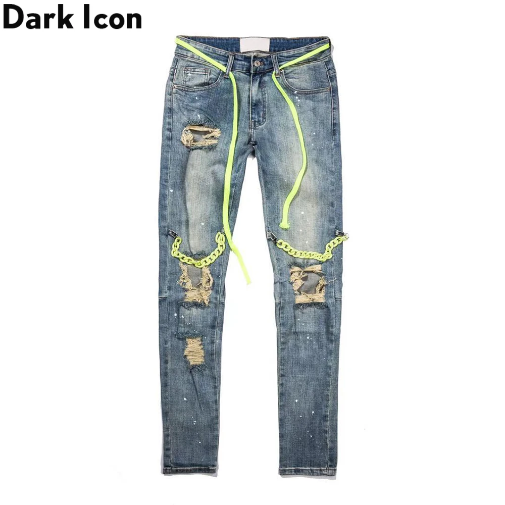 Dark Icon Ripped Chain High Street Jeans with Drop String Men Spandex