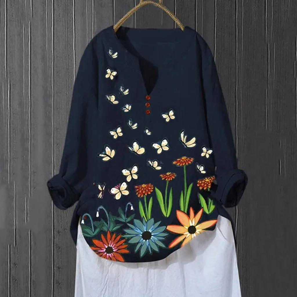 Plus Size 2020 Summer New Women Blouses Casual Cartoon Butterfly Flower Printed Long Sleeve V-Neck Tee Shirt Tops Blouse zanz | Женская