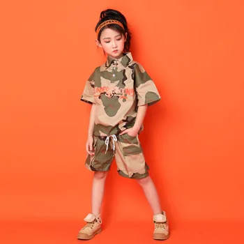 

Kids Adult Costumes wear Green Camouflage Top Spring Autumn Unisex Letter jazz Harem Hip Hop Army Dance T shirts