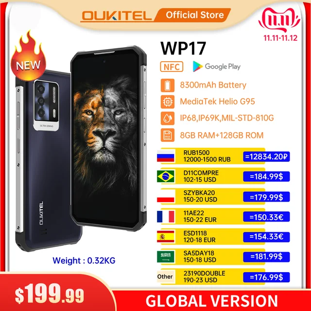 [World Premiere] Oukitel WP17 Rugged Smartphone 8300MAH 8GB+128GB 6.78“FHD+ Android 11 Mobile Phone 64M+16M NFC Cell Phone 1