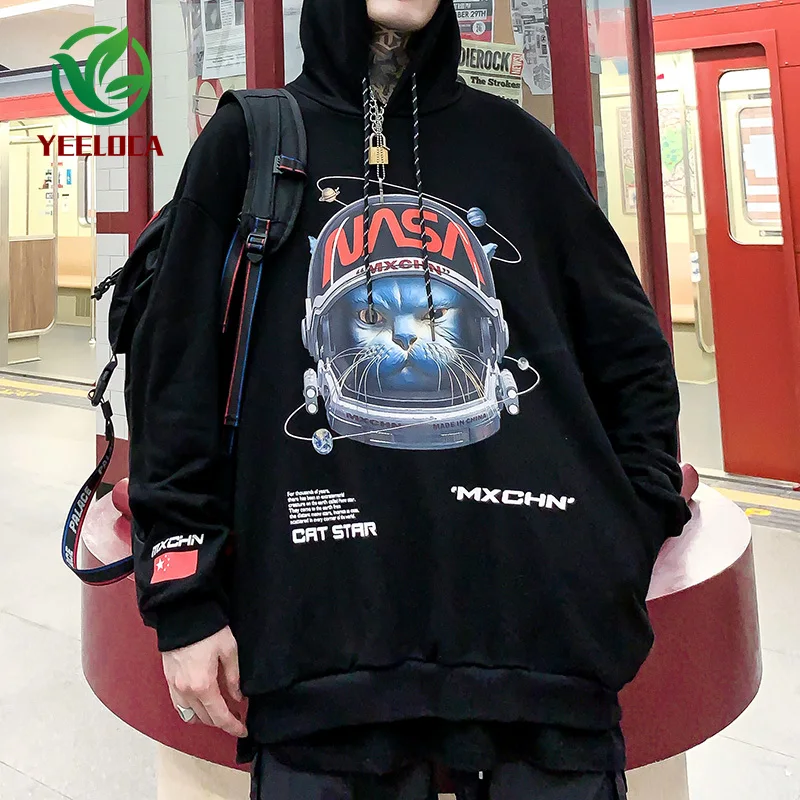 

2019 Dropshipping Space Cat Men Hoodie Hip Hop Autumn Winter High Quality Oversized Fashion Youth Sweatshirt Band