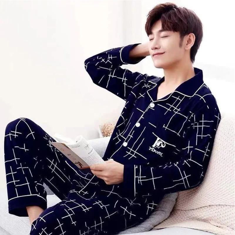 Men's Pajama Sets spring summer Man Pajamas Set Simple Sleepwear long Sleeve Cotton Pajamas For Men Top Pant Leisure Outwear checkered pajama pants Men's Sleep & Lounge