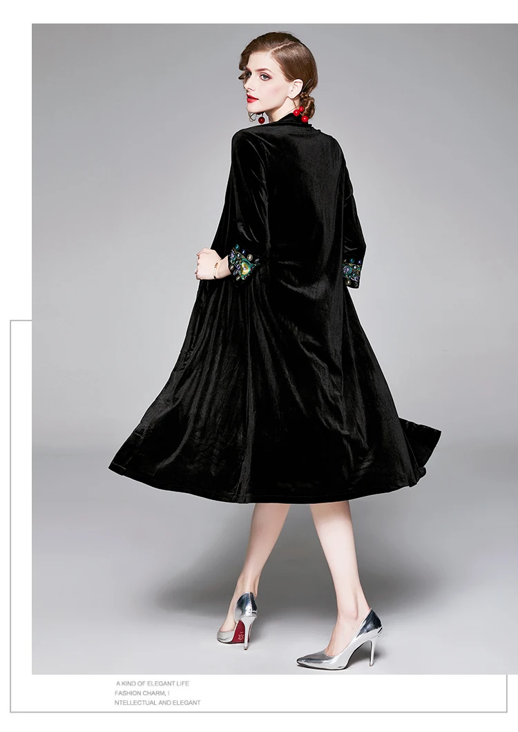 Зимнее черное бархатное пальто, ветровка, Abrigos Mujer Invierno, шаль, вышивка, размер до колена, ретро пальто, Casaco Feminino K385