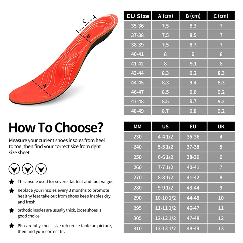 3ANGNI Severe Flat Feet Insoles Orthotic Arch Support Inserts Orthopedic Shoes Soles for High Heel Plantar Fasciitis Men Woman