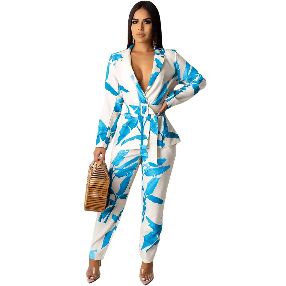 Vintage Women Pant Suit Leaves Print Casual Notched Blazer Jacket & Pant 2020 Autumn Sexy Office Wear Two Piece Set With Belt