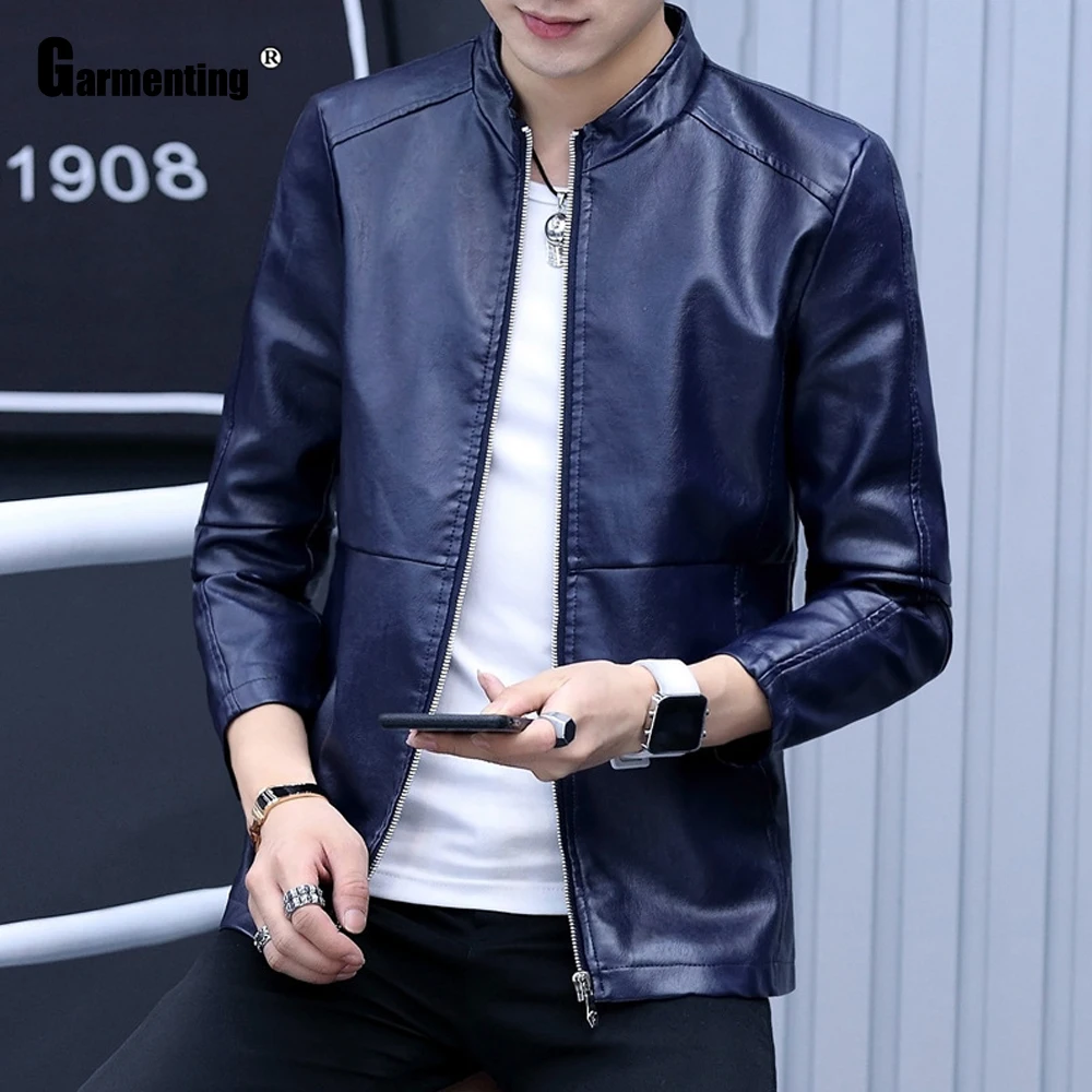 Garmenting-Tops de piel sintética con cremalleras para hombre, chaquetas de Kpop de cuero sintético, ropa de abrigo ajustada de café azul para hombre joven, 2021