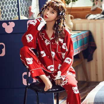 

Feier Women 2 Pieces Cute Pajamas Sets Loose Casual Housewear T shirt With Long Trousers Cotton Prints Sleepwear Pijama Feminino