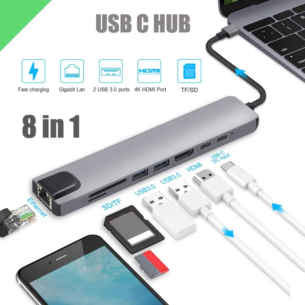 8 в 1 usb-хаб C концентратор для Мульти USB 3,0 HDMI адаптер док-станция для MacBook Pro Аксессуары USB-C сплиттер type C 3,1 3 порта USB C концентратор