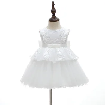 

Lace Tulle Round neck Christening Dress Baby Bow Birthday Party Princess Dress Off White Baby Baptism Dress