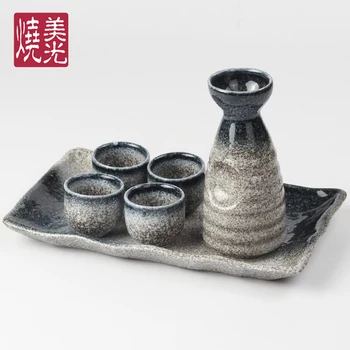 

Japanese crude pottery sake pot wine cup Korean wine separator beaker ceramic wine set one pot four cups tray wineware set
