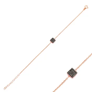 

925 Silver Sterling MINT Jewelry Square With Black Zircon Bracelet Silver Minimal Charm Bracelet