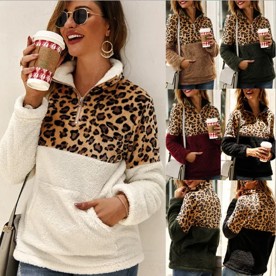 

Women Fleece Sweatshirt Winter Casual Faux Fur Leopard Patchwork Fluffly Female Hoodies Warm Turtleneck Zipper Thick Sherpa Tops