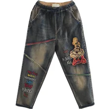 OMIKRON Женские винтажные свободные хлопковые джинсы с вышивкой из мультфильма шаровары Повседневные женские эластичный лоскутный пояс брюки