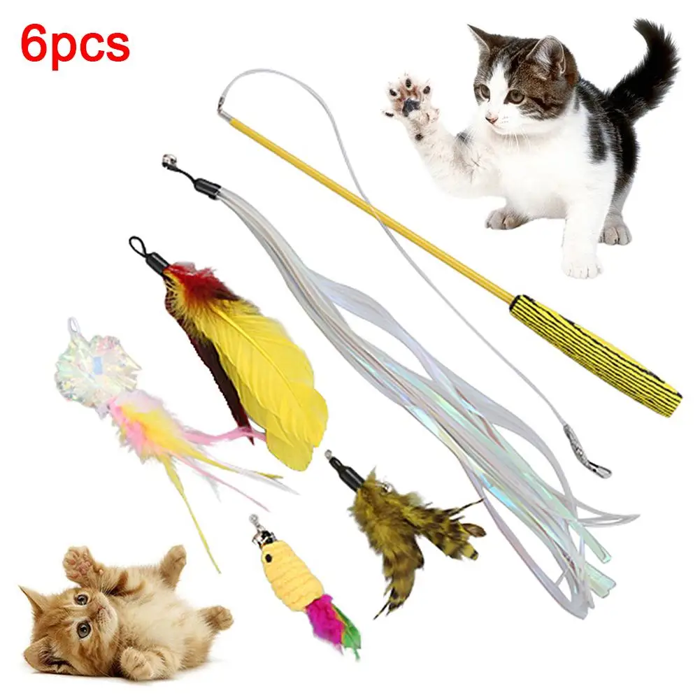 

6Pcs Pet Cat Kitten Feather Bell Tassel Teaser Play Stick Wand Interactive Toy Cat Stick Interactive Cat Toy Cat Wit Toy Cat Toy