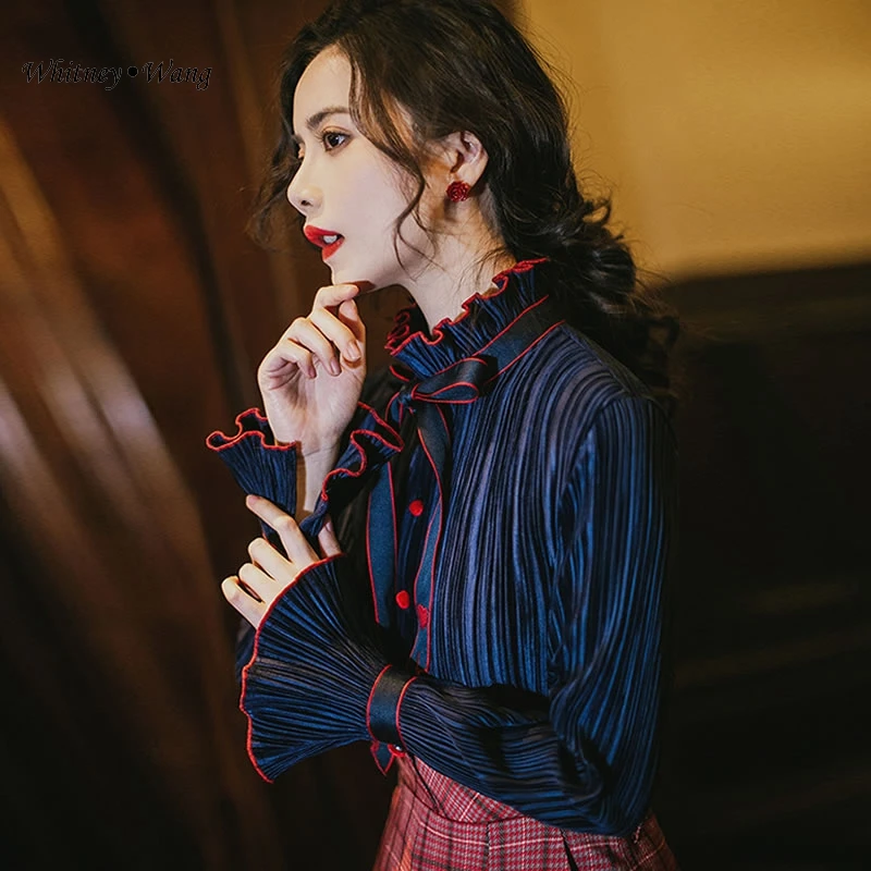 Женская плиссированная блузка WHITNEY WANG бархатная с оборками и бантом весна 2020 |