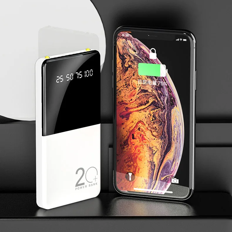 20000mAh power Bank ультратонкая Портативная зарядка с цифровым дисплеем, светодиодный внешний аккумулятор с фонариком для телефона
