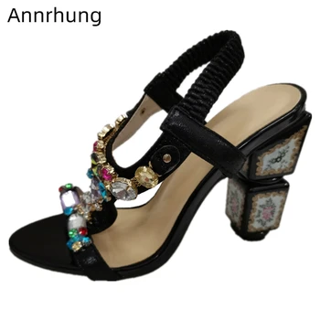 

Jeweled Rhinestone Elastic Band Sandals Women Printed Flower High Heels Sexy Open Toe Crystal Summer Shoes Woman