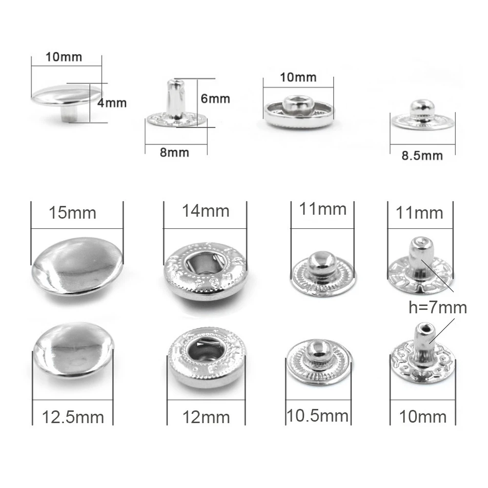 200 Sets Sew-on Snap Buttons Metal Snap Fastener Buttons Press Button for Sewing  Clothing 10mm 8.5mm 