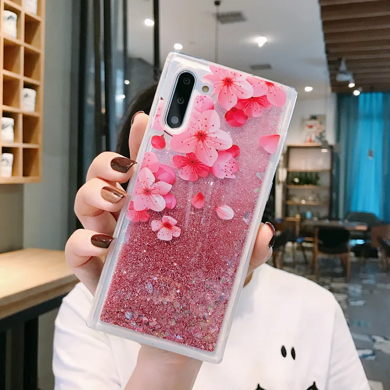 Для samsung A70 блестящий чехол из цветков персикового дерева с динамичными плавающими жидкими чехол для Galaxy S8 S9 S10 плюс A30 A40 M30 M20 A50 Note10Pro