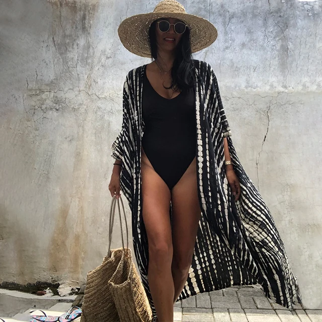 2021 Bikini Cover-ups Black Retro Striped Self Belted Plus Size WomenSummer Kimono Dress Beach Wear Swim Suit Cover Up Q1225 1