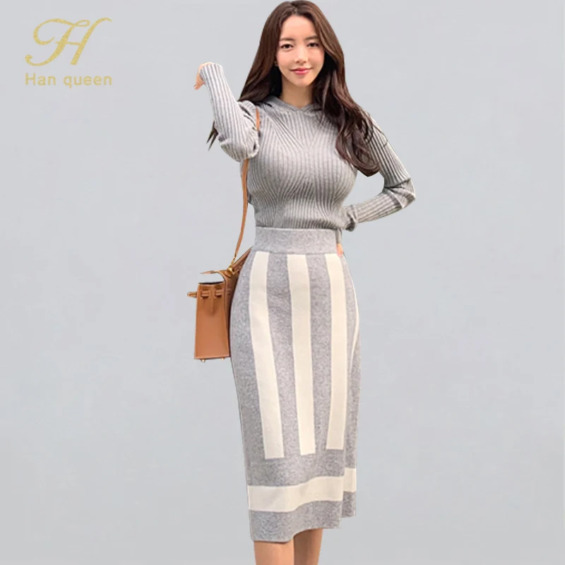 H Han queen элегантный вязаный комплект из 2 предметов для женщин зимний однотонный пуловер с капюшоном Свитера и полосатые Облегающие юбки-карандаш