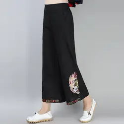 Новинка лета 2019, стильные женские свободные широкие брюки из хлопка и льна с вышивкой в этническом стиле, большие размеры